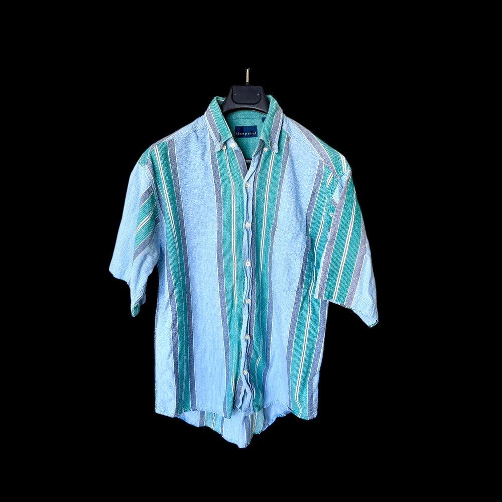Vintage 90's Blueprint Blue Striped Cotton Short Sleeve Button Down Shirt Size M